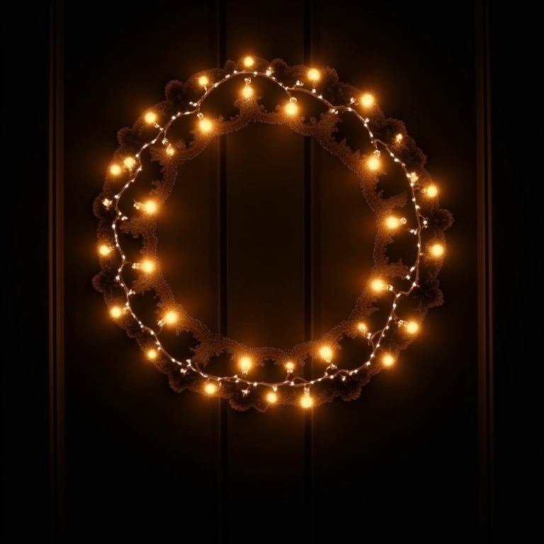 Guirlanda de Natal iluminada com luzes, brilhando na porta.