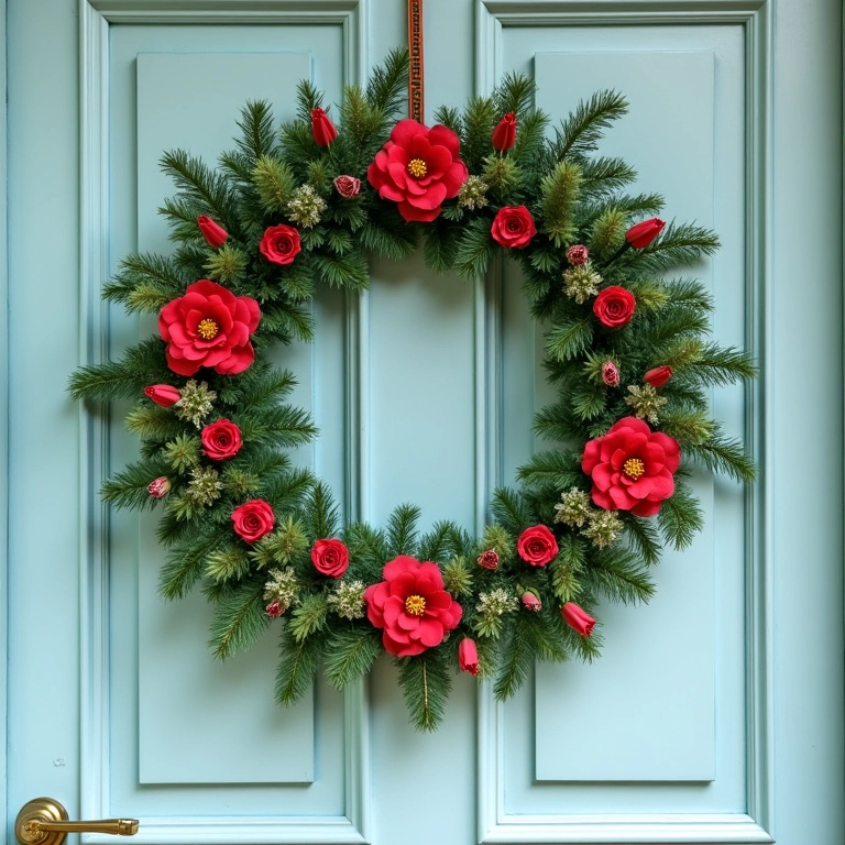 Guirlanda de Natal romântica decorada com flores frescas.
