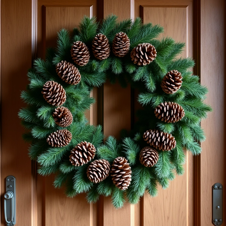 Guirlanda de Natal rústica feita de pinhas na porta.