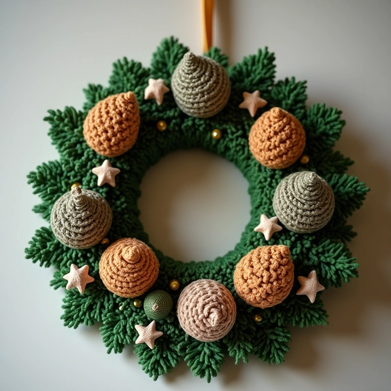 Guirlanda de pinhas e estrelas de madeira em amigurumi.