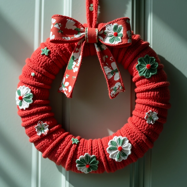 Guirlanda de tecido com estampas natalinas em amigurumi.