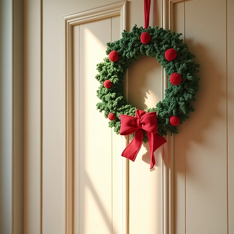 Guirlandas de crochê natalinas penduradas na porta.