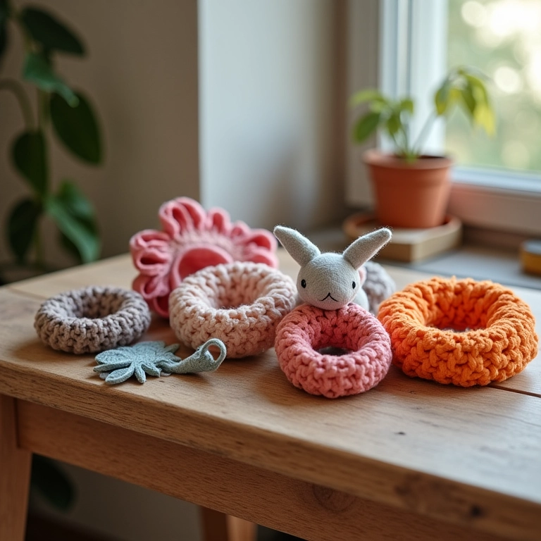 Guirlandas de feltro amigurumi com diferentes designs.