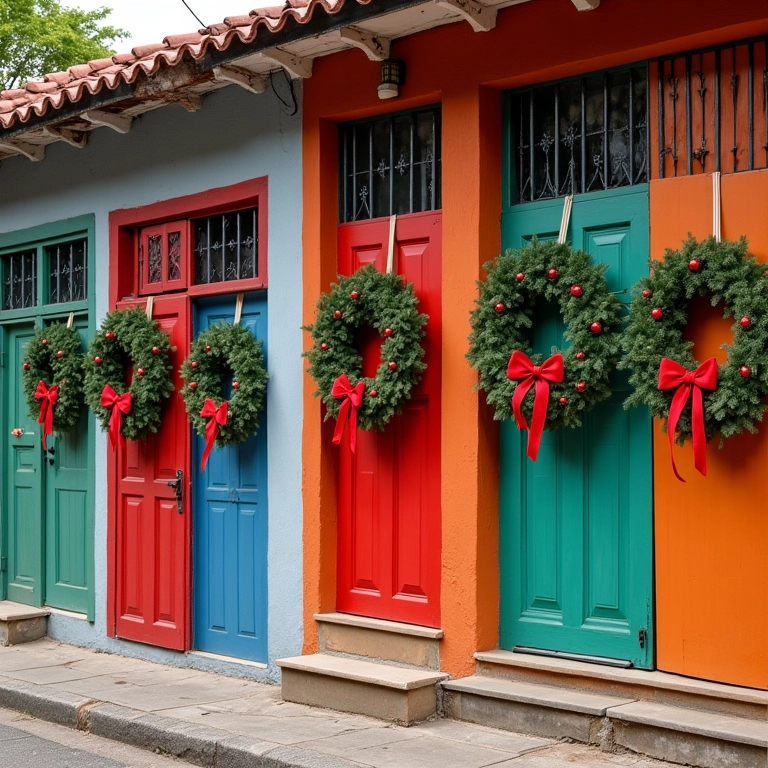 Guirlandas natalinas: ideias para decorar a porta Guirlandas de Natal decorando portas coloridas em bairro brasileiro.