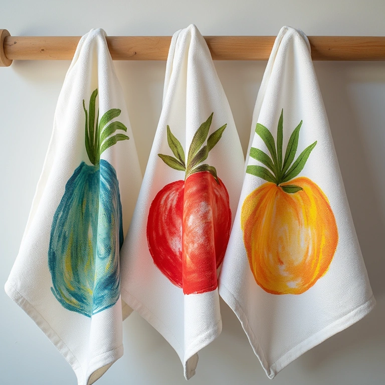 Hand-painted dish towels, vibrant colors, unique designs, natural light, professional photography, Panos de prato pintados à mão com cores vibrantes.