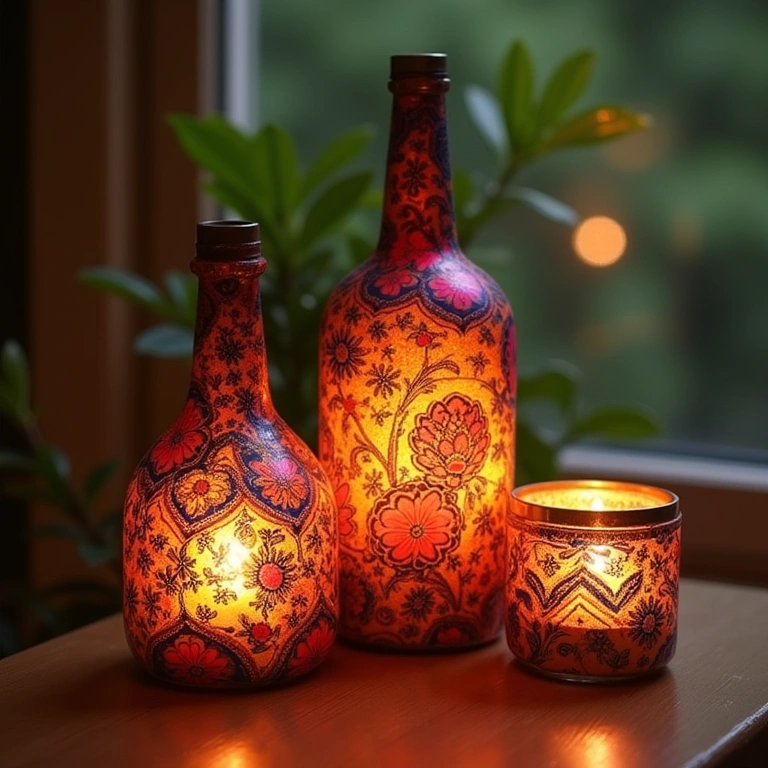 Hand-painted glass bottle candle holders, vibrant colors, natural lighting, 8K quality, sharp Porta-velas de garrafas pintadas à mão com cores vibrantes.