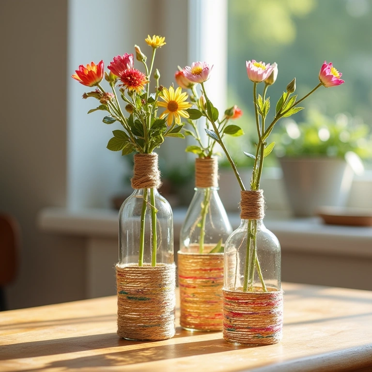 Handcrafted glass bottle vases with colorful twine, natural lighting, 8K quality, sharp focus, Vasos de garrafa decorados com barbante colorido.