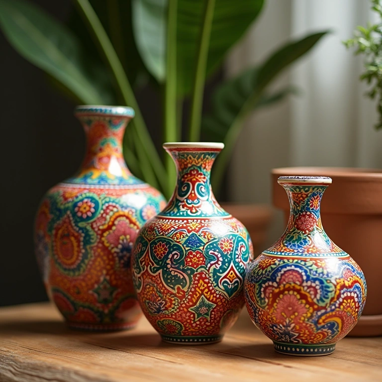 Handmade ceramic vases, colorful patterns, Brazilian decor, natural lighting, professional Vasos de cerâmica artesanais com padrões coloridos.