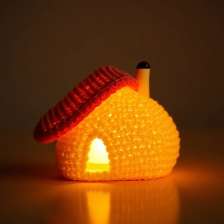 Iluminação aconchegante na casinha de amigurumi com luminária de crochê.