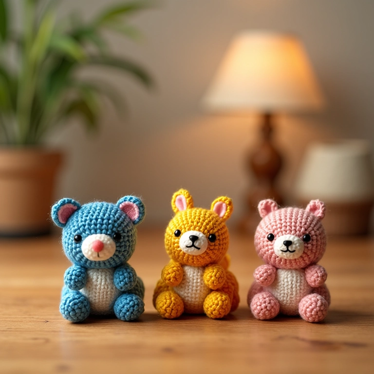 Ímãs de geladeira decorativos em crochê amigurumi.