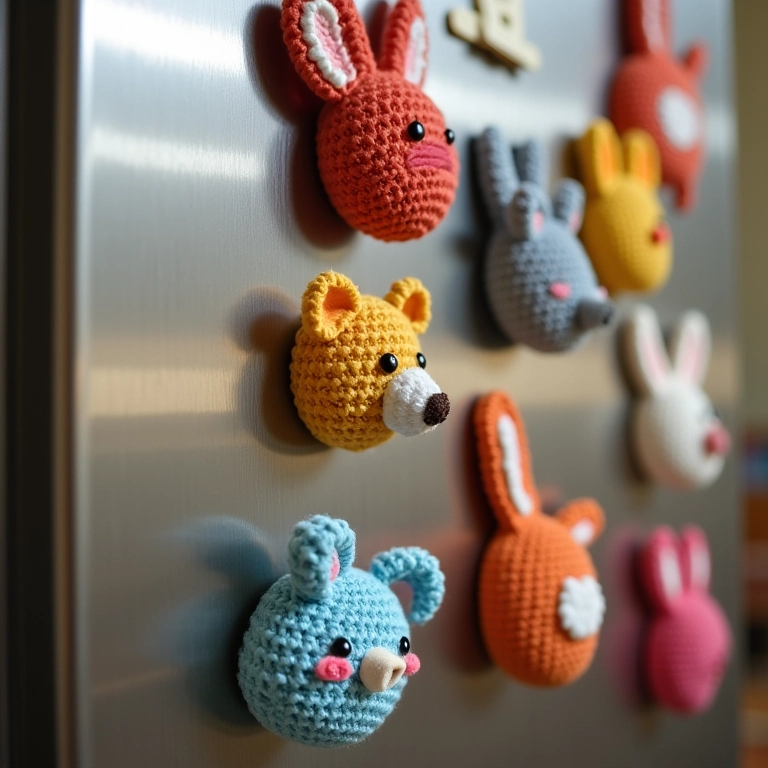 Imãs de geladeira personalizados em crochê amigurumi.