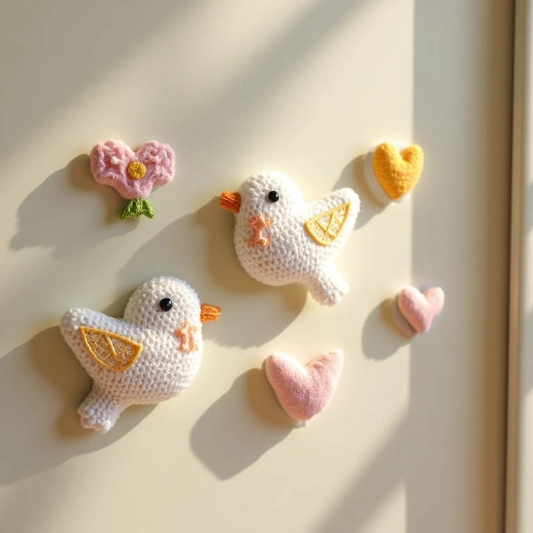 Ímãs de geladeira temáticos de amigurumi para lembrancinha de batizado.