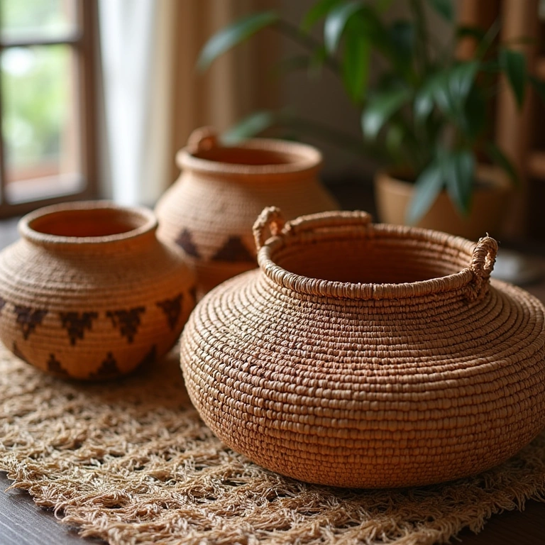 Indigenous woven baskets, natural fibers, traditional patterns, natural light, professional Cestos indígenas tecidos com fibras naturais.