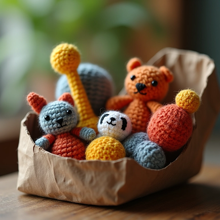 Instrumentos musicais em amigurumi dentro de uma caixa de sapato.