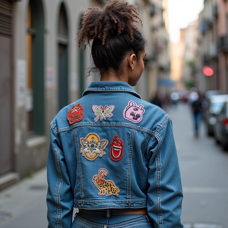 Jaqueta jeans customizada com patches e bordados em ambiente urbano.