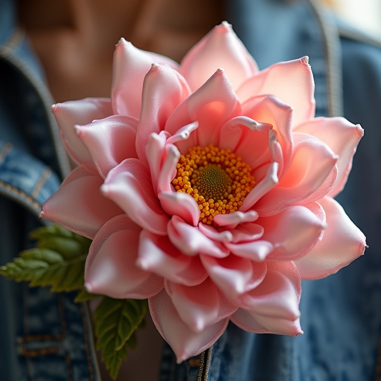 Jaqueta jeans украшенияda com flor de fita de cetim amigurumi.