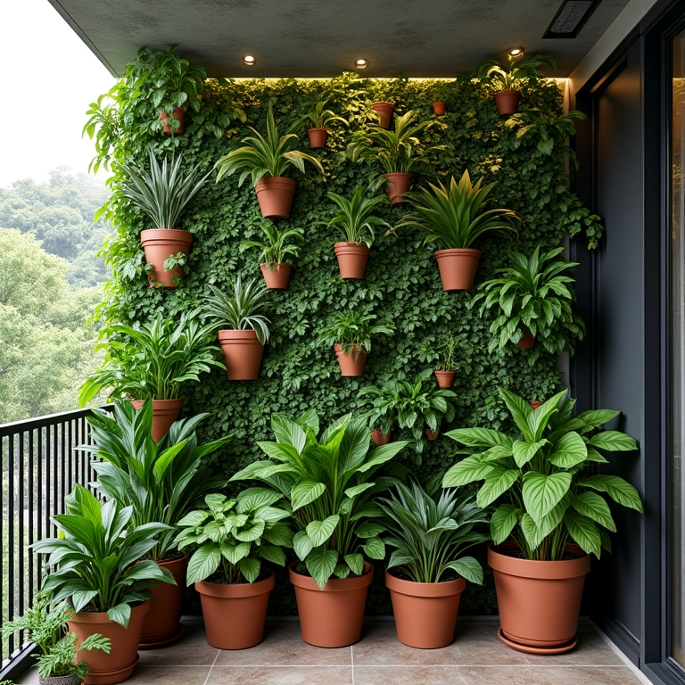 Jardim vertical com plantas em vasos em uma varanda.