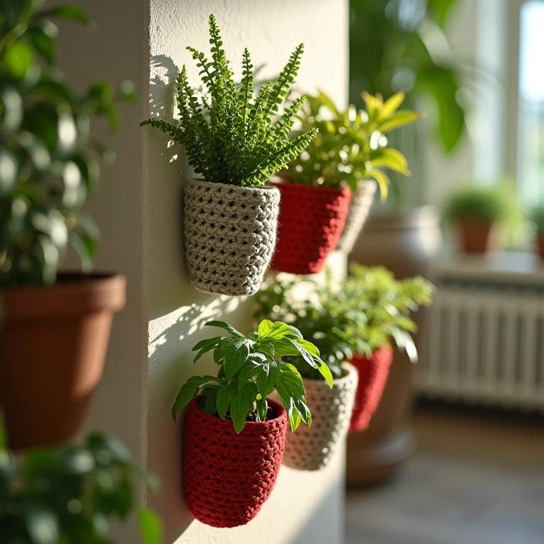 Jardim vertical de crochê com latas de alumínio recicladas.