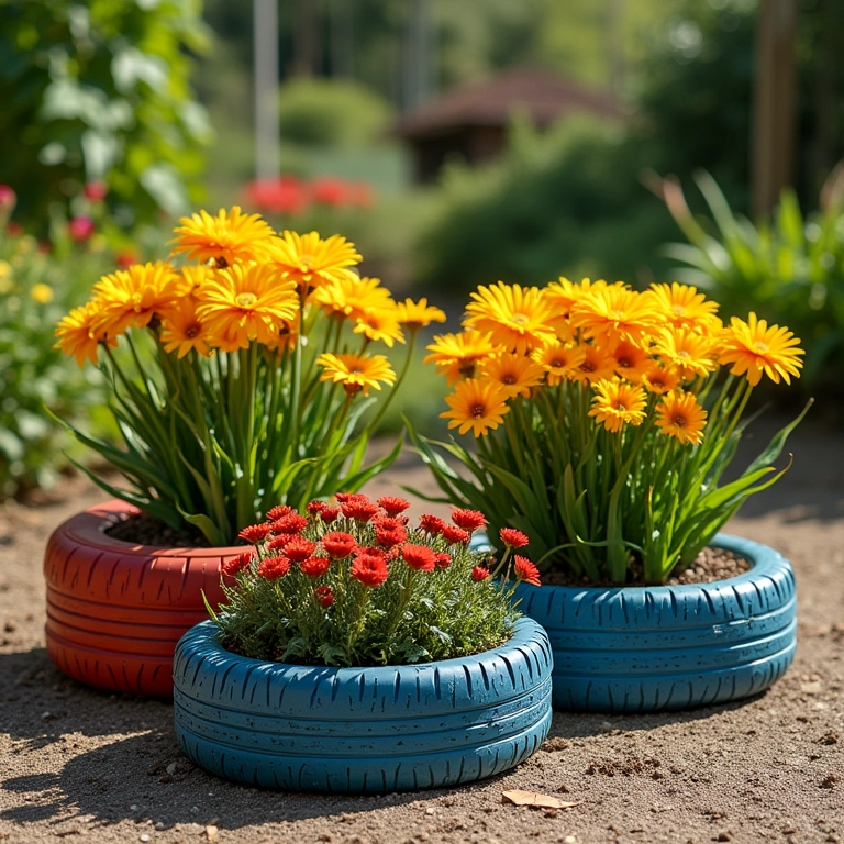 Jardineiras de flores feitas com pneus reciclados em jardim colorido e ensolarado.