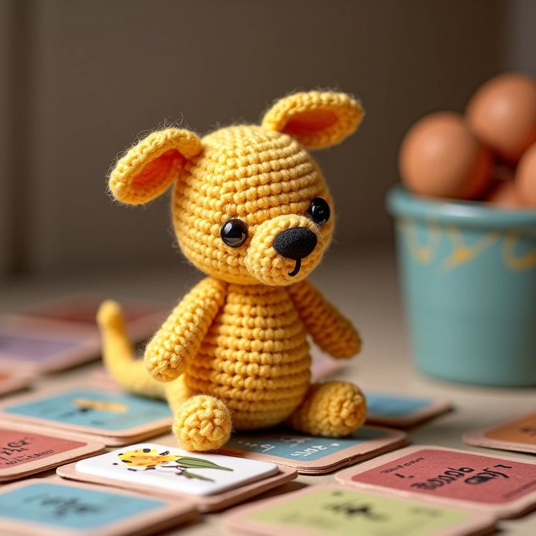 Jogo da memória em amigurumi com cartas de caixa de sapato reciclada.