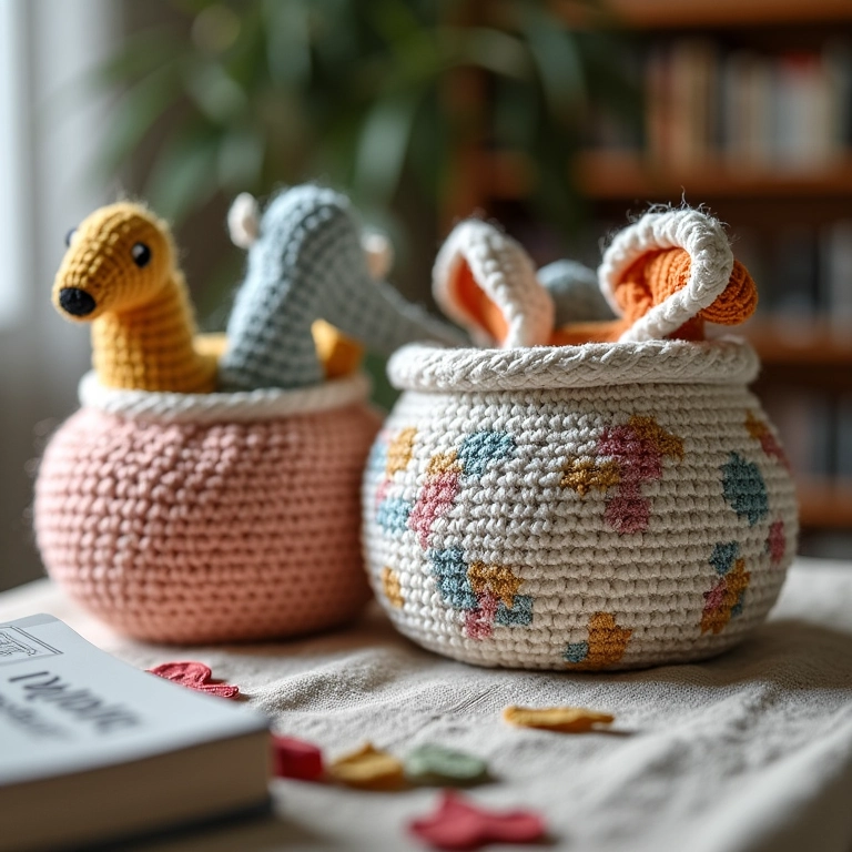 Jornais e revistas transformados em cestos e bandejas de amigurumi.