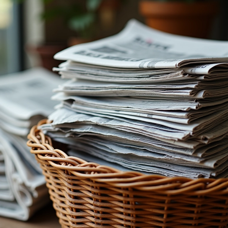 Jornais variados empilhados ao lado de cesto, comparando qualidade.