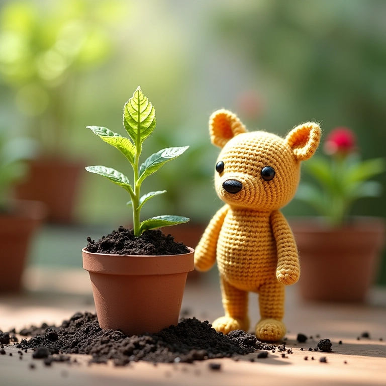 Kit de jardinagem com mini vaso, terra e sementes em crochê.