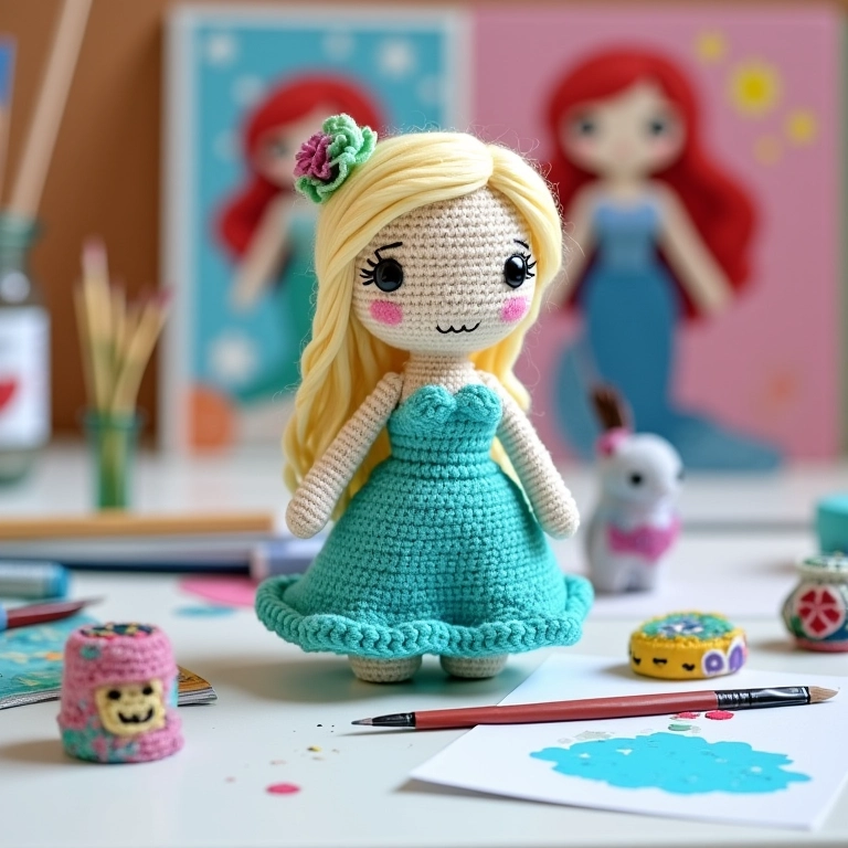 Kit de pintura com desenhos da Ariel em crochê.