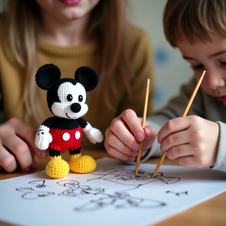 Kit de pintura com desenhos do Mickey e amigurumi em confecção.