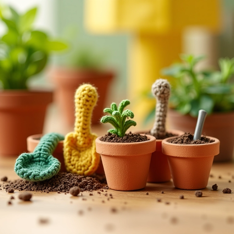 Kits de jardinagem de crochê para crianças.