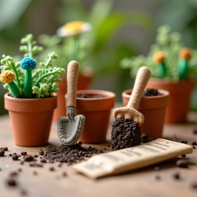 Kits de jardinagem em amigurumi.