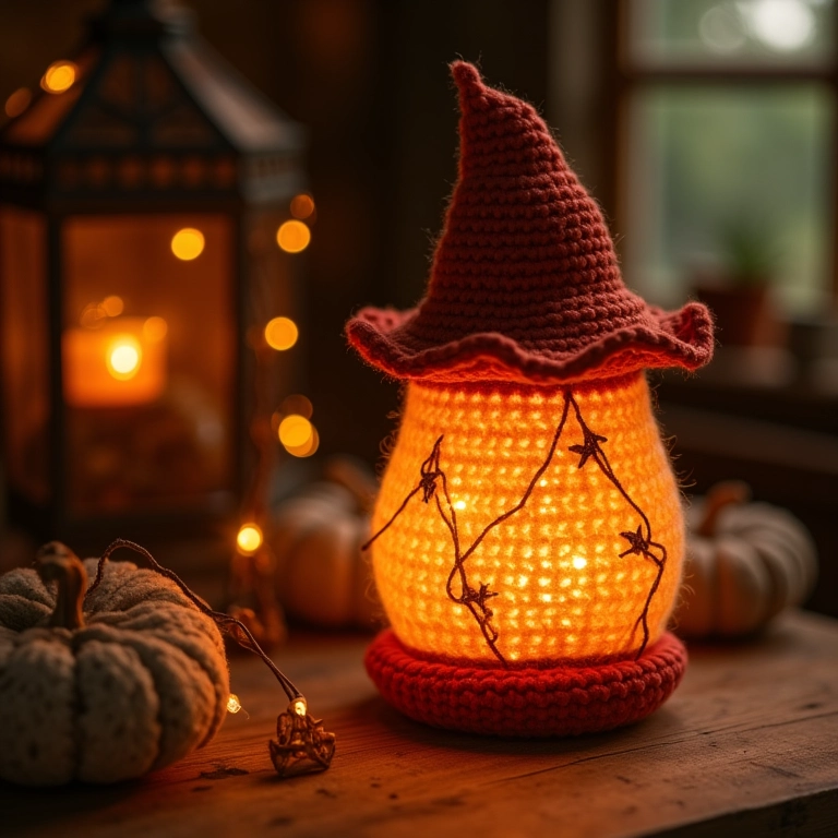 Lanterna de crochê iluminada em cenário rústico.