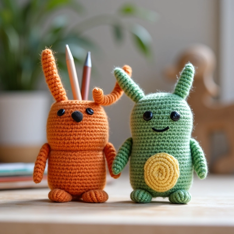 Latas decoradas em amigurumi usadas como porta-canetas.