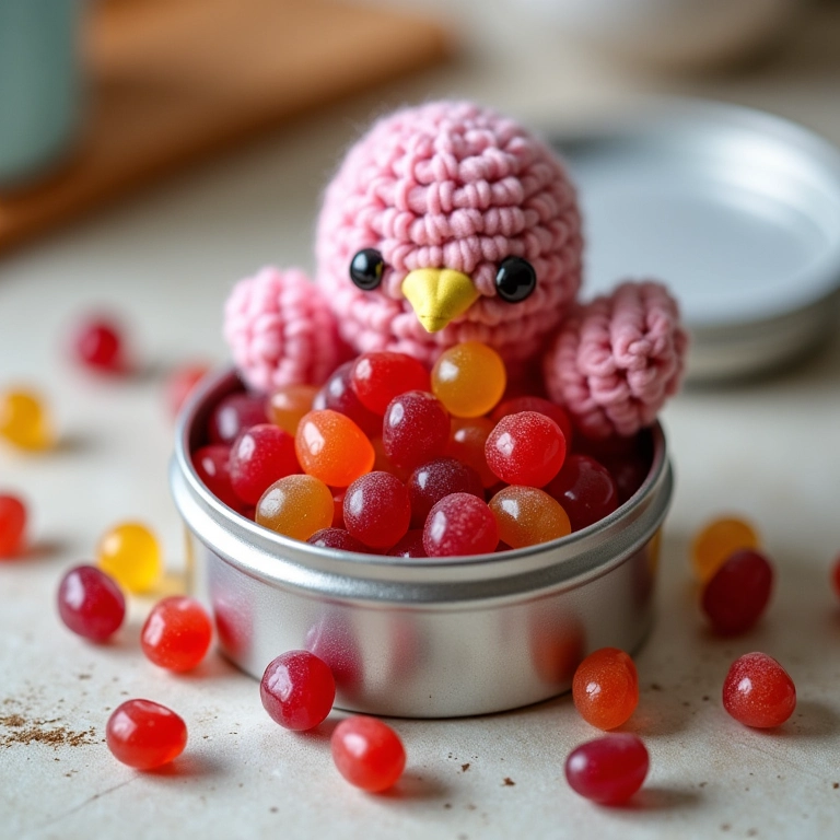 Latinhas personalizadas com balas de goma e amigurumis de passarinho.