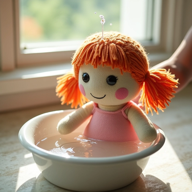 Lavando boneca de pano amigurumi à mão.