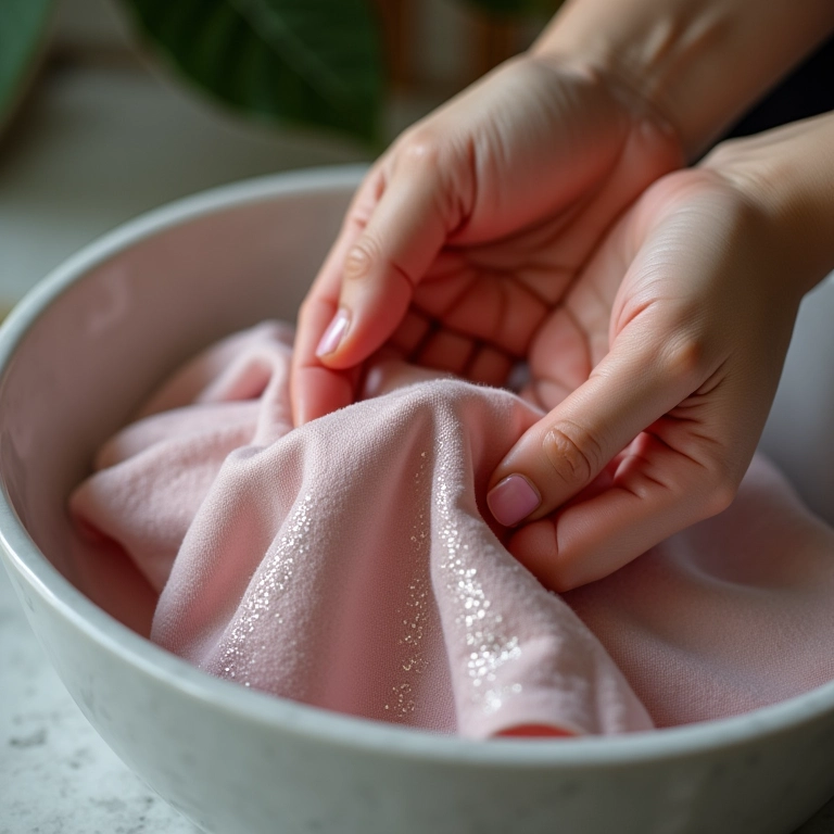 Lavando delicadamente uma peça com glitter para evitar que ele se solte.