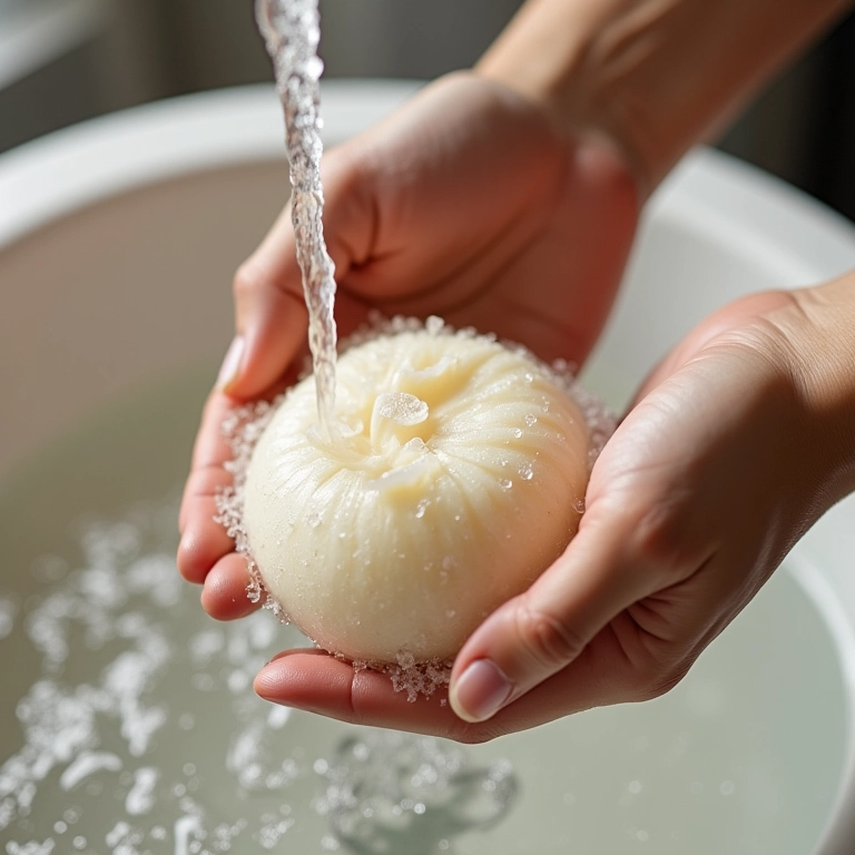 Lavando peças de fuxico com cuidado.