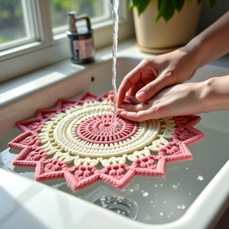 Lavando um sousplat de crochê à mão.