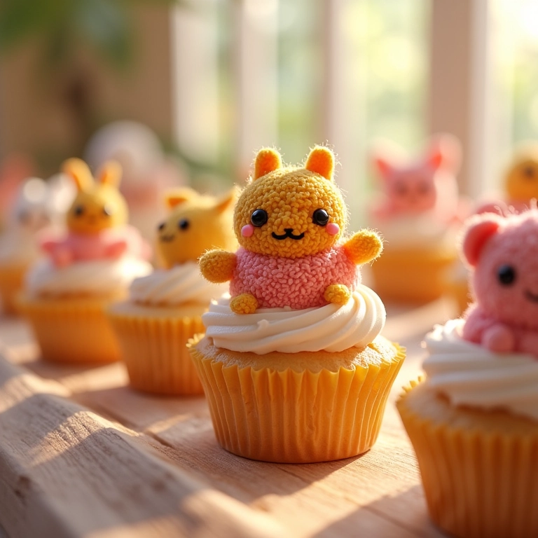 Lembrancinhas comestíveis com apliques de biscuit de amigurumi para batizado.