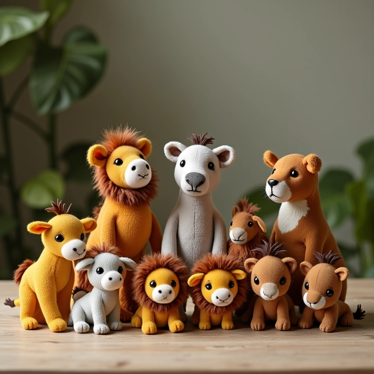 Lembrancinhas de amigurumi da Arca de Noé em diferentes tamanhos.