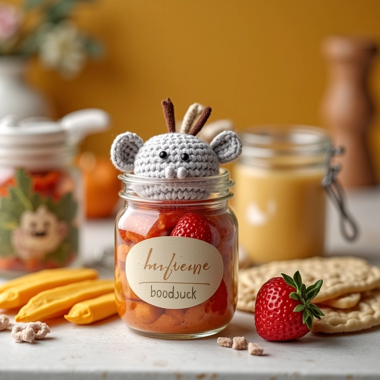 Lembrancinhas temáticas com amigurumis e potes de papinha.