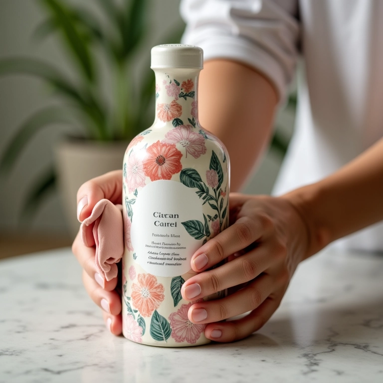 Limpeza suave de garrafas com decoupage.