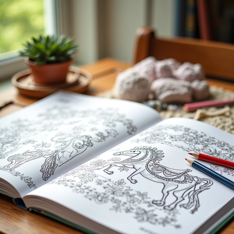 Livrinhos de colorir com desenhos de carrossel e detalhes em crochê.