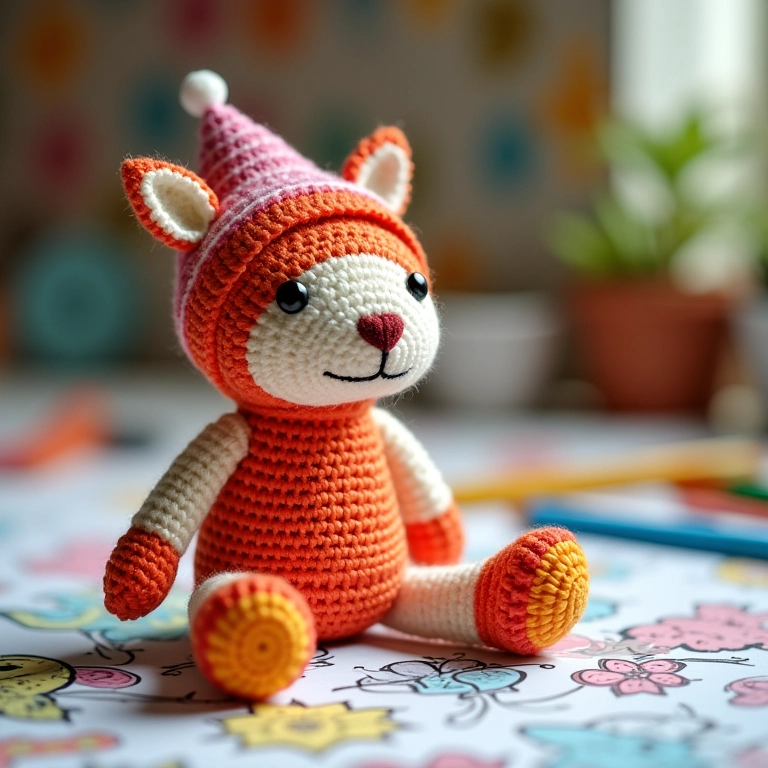 Livro de colorir com atividades circenses em amigurumi.