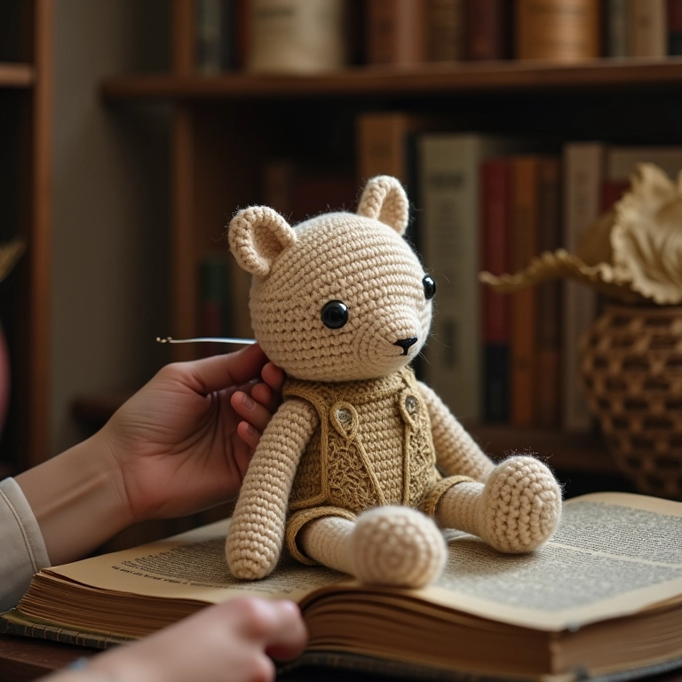 Livros e objetos antigos de crochê amigurumi.