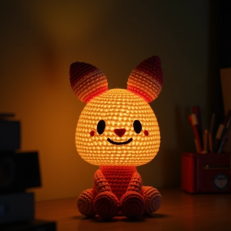 Luminária artesanal feita com amigurumi e materiais reciclados.