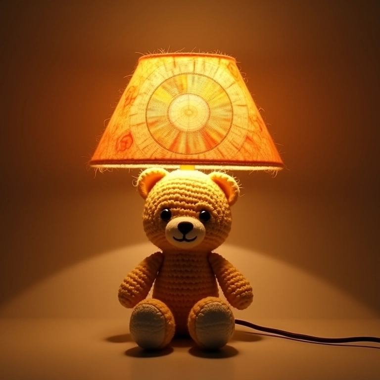 Luminária charmosa de amigurumi com cúpula feita de CDs de crochê.