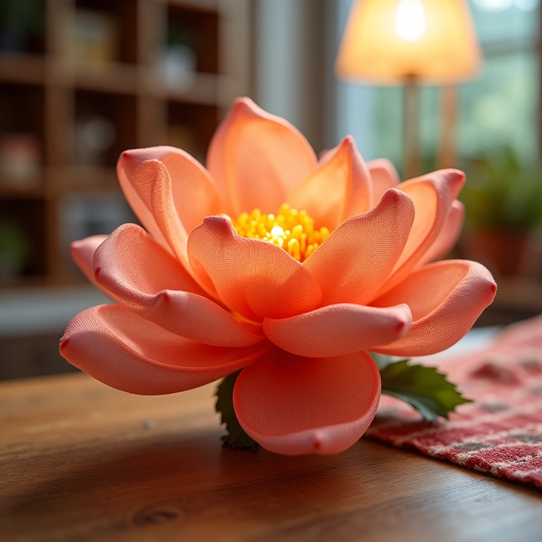 Luminária украшенияda com flor de fita de cetim amigurumi.