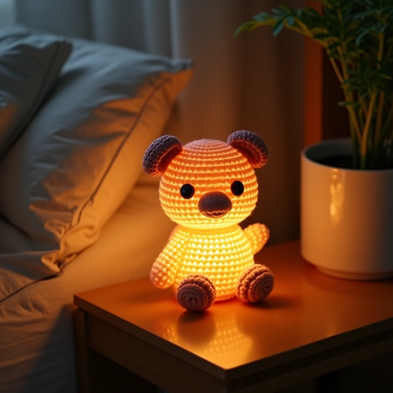 Luminária de CD em crochê iluminando mesa de cabeceira.