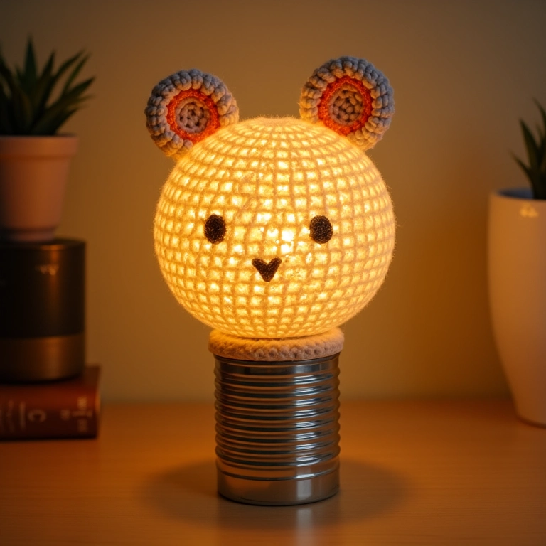 Luminária de crochê com base de lata de alumínio reciclada.